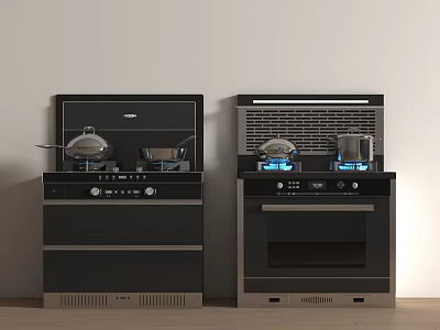 Modern Black Kitchen Appliances Integrated Stoves With Ovens Burners Blue Flames And Control Panels 3d model