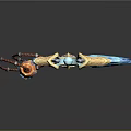 Ornate Mythical Weapon With Blue Winged Spikes And Orange Decorative Handle