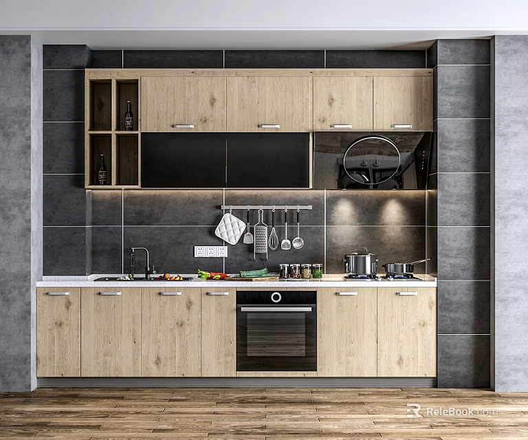 Modern Kitchen Featuring Light Wood Cabinets White Countertop Dark Tile Backsplash And Cooking Utensils 3d model 