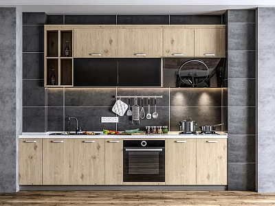 Modern Kitchen Featuring Light Wood Cabinets White Countertop Dark Tile Backsplash And Cooking Utensils 3d model