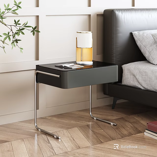 Modern Black Bedside Table Interior With Silver Metal Legs Phone And Green Plant 3d model 