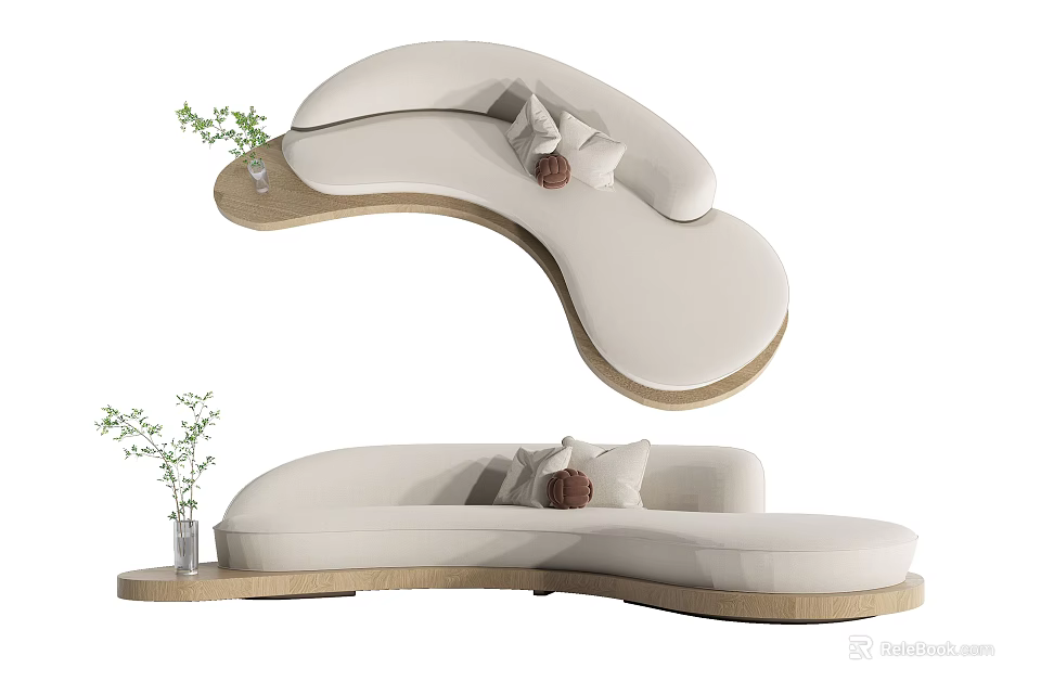 Cream-colored Abstract-shaped Sofa with Soft Cushions Wooden Frame and Small Green Plant Decoration 3d model 