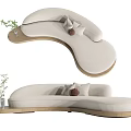 Cream-colored Abstract-shaped Sofa with Soft Cushions Wooden Frame and Small Green Plant Decoration