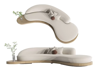 Cream-colored Abstract-shaped Sofa with Soft Cushions Wooden Frame and Small Green Plant Decoration 3d model