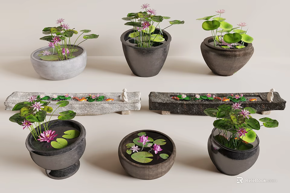 Water Fountain Decorative Setup With Flower Pots Water Lilies Lotus Leaves And Colorful Pebbles 3d model 