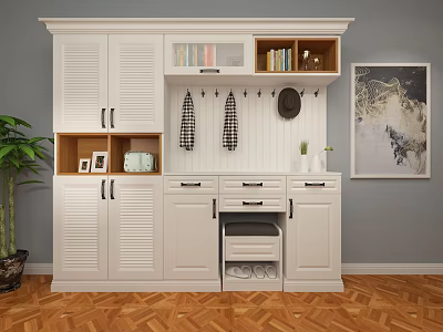 Modern White Shoe Cabinet with Open Shelves Drawers and Coat Hooks 3d model