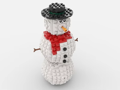Cute Building Blocks Snowman Figure With Black Hat Red Scarf Carrot Nose And Stick Arms 3d model