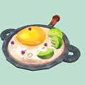 Non Stick Cooking Pan With Wooden Handle Fried Egg Avocado Slices And Purple Herbs