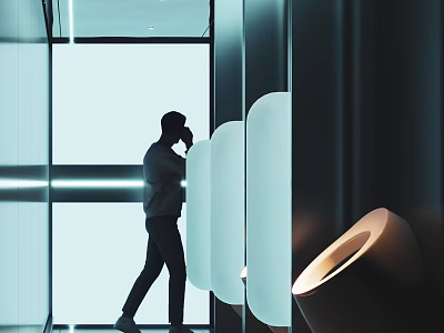 Ultra Modern High Tech Public Mens Toilet With Sleek Partitions And Cool Ambient Lighting 3d model