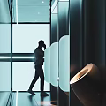 Ultra Modern High Tech Public Mens Toilet With Sleek Partitions And Cool Ambient Lighting
