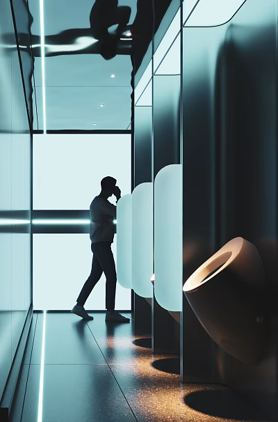 Ultra Modern High Tech Public Mens Toilet With Sleek Partitions And Cool Ambient Lighting 3d model