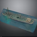 Detailed Miniature Watercraft Model With Green Hull Mast And Blue Water Base