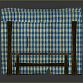 Wooden Outdoor Structure With Blue White Checkered Canopy Curtain And Woven Seat Bench