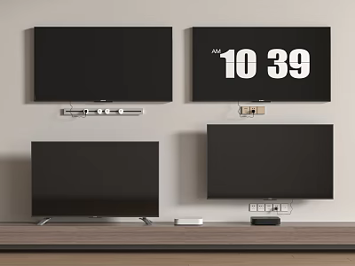 Multiple TVs With Wall Mounted And Stand Display Time 10 39 On Wooden Shelf 3d model