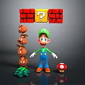 Green Hat Character With Red Bricks Question Mark Block Mushroom Brown Creatures And Green Plants 3d model
