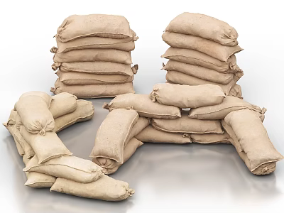 Different Sizes Of Stacked And Scattered Burlap Sandbags On Reflective Floor Surface 3d model