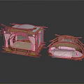Traditional Bamboo Canopy Bed and Round Daybed with Curtains and Pink Mattresses