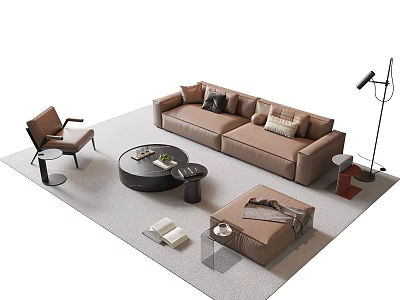 Modern Brown Sofa and Coffee Table Set With Accent Chair Floor Lamp and Decorative Pillows 3d model