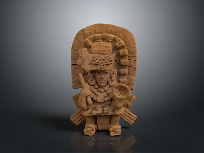 Ancient Deity Wooden Carving With Intricate Head Ornaments And Clothing Details On Gray Gradient Background 3d model