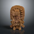 Ancient Deity Wooden Carving With Intricate Head Ornaments And Clothing Details On Gray Gradient Background