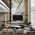 Modern Luxury Loft Living Room With Marble Wall And Sofa