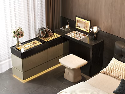 Modern Luxury Dressing Table With Gold Accents Cosmetics Mirror And Beige Stool 3d model