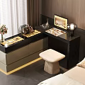 Modern Luxury Dressing Table With Gold Accents Cosmetics Mirror And Beige Stool