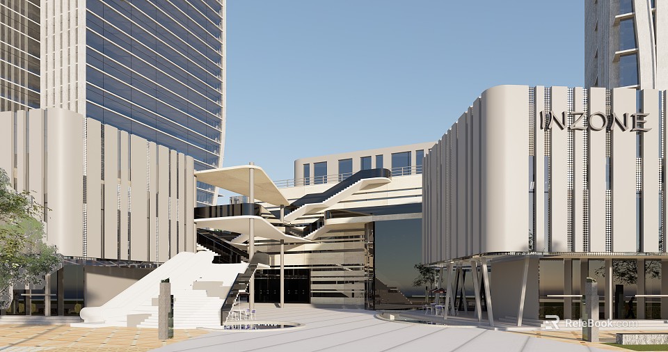 Modern Office Building Design With Glass Facade Open Plaza And Staircase Structure 3d model 