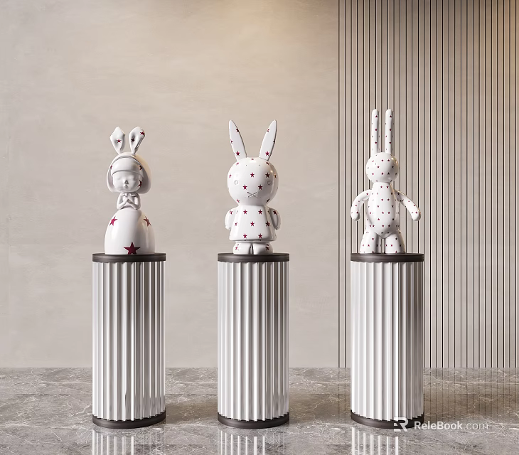 White Rabbit Sculptures With Red Polka Dots On Decorative Pedestals In Modern Room 3d model 