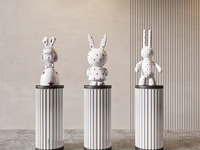 White Rabbit Sculptures With Red Polka Dots On Decorative Pedestals In Modern Room 3d model