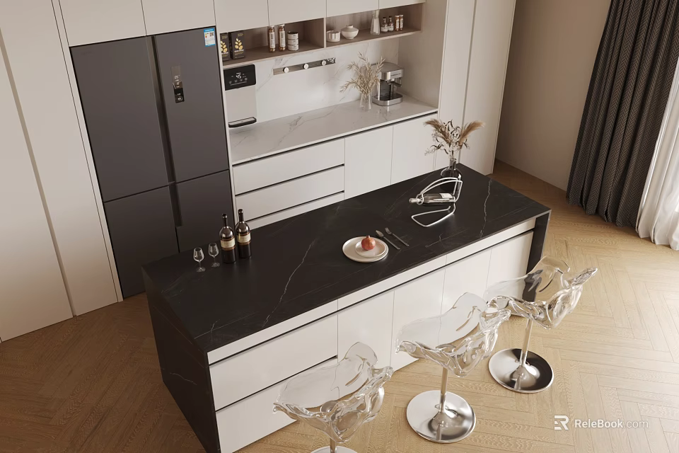 Modern Kitchen Interior With Black Countertop Island Transparent Bar Stools And White Cabinets 3d model 