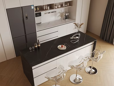 Modern Kitchen Interior With Black Countertop Island Transparent Bar Stools And White Cabinets 3d model