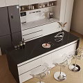 Modern Kitchen Interior With Black Countertop Island Transparent Bar Stools And White Cabinets