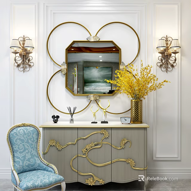 Elegant Entryway Side Cabinet with Gold Accents Mirror Wall Sconces Yellow Flowers and Blue Chair 3d model 