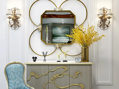 Elegant Entryway Side Cabinet with Gold Accents Mirror Wall Sconces Yellow Flowers and Blue Chair 3d model