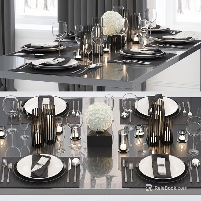 Modern Dinnerware Set Including Plates Cutlery Wine Glasses And Candle Decorations 3d model 