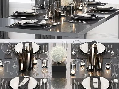 Modern Dinnerware Set Including Plates Cutlery Wine Glasses And Candle Decorations 3d model