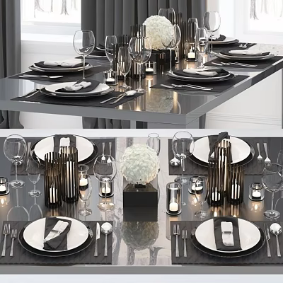 Modern Dinnerware Set Including Plates Cutlery Wine Glasses And Candle Decorations 3d model