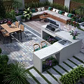Garden Landscape Design Featuring Outdoor Dining Area Grill Station Paved Patio And Greenery