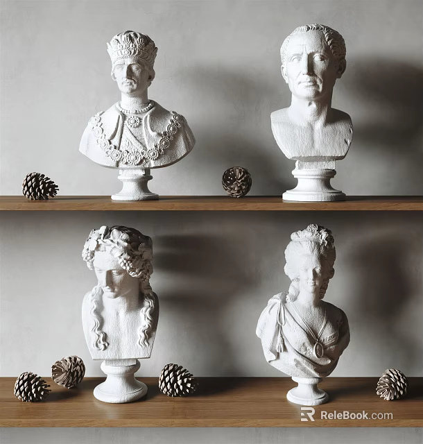 Sculpture Carving White Plaster Bust Statues Displayed On Wooden Shelves With Decorative Pine Cones 3d model 