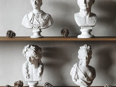 Sculpture Carving White Plaster Bust Statues Displayed On Wooden Shelves With Decorative Pine Cones 3d model