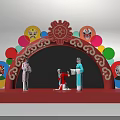 Traditional Chinese Opera Stage with Performers Red Arch and Colorful Facial Decorations