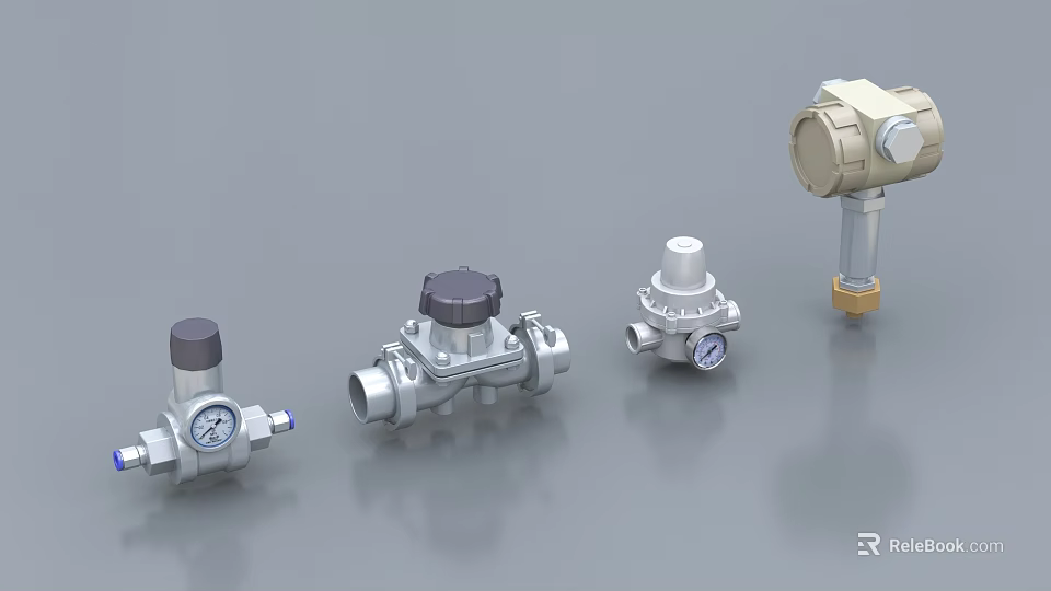 Industrial Equipment Pressure Regulators And Valves With Stainless Steel Construction And Pressure Gauges 3d model 
