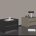 Modern Bedside Nightstands Design With Black Beige Wooden Drawers White Cup Books And Lamp