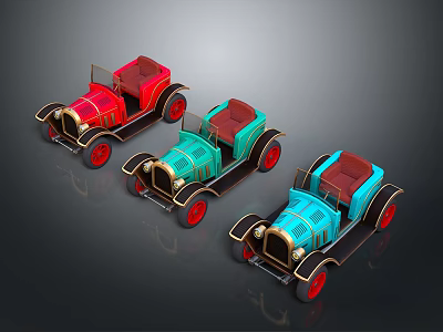 Vintage Convertible Toy Cars In Red Green Blue With Red Wheels On Dark Surface 3d model