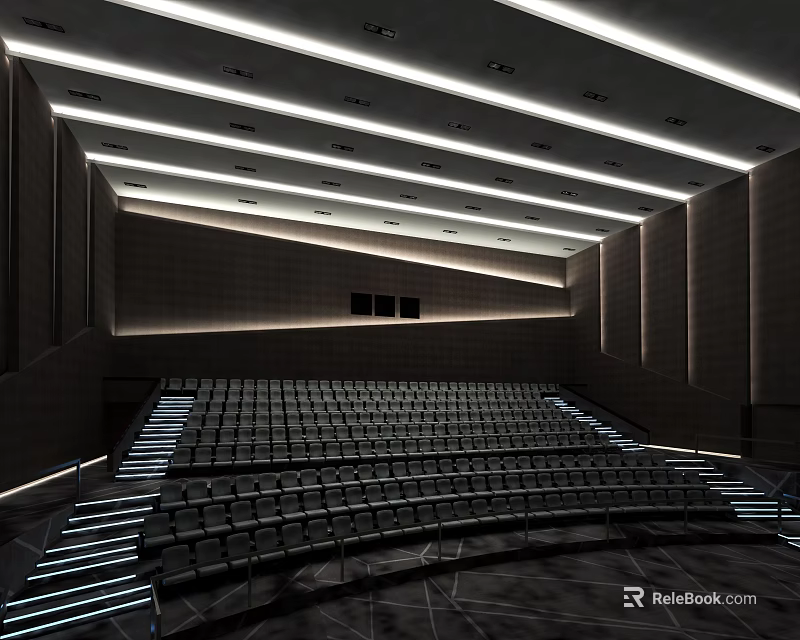 Modern Movie Theater Interior With Rows Of Seats And Ceiling Strip Lighting 3d model 