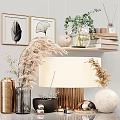 Chic Decorative Ornament Set with Decorative Prints Green Plants Vases Dried Grass and Table Lamp