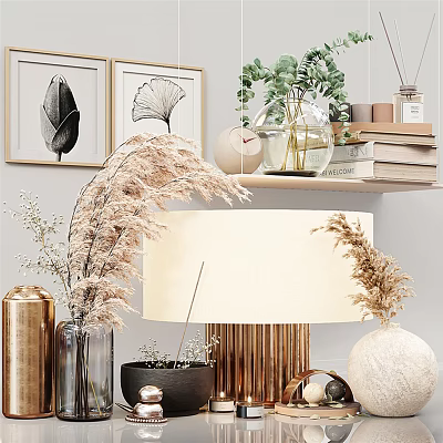Chic Decorative Ornament Set with Decorative Prints Green Plants Vases Dried Grass and Table Lamp 3d model