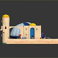 Whimsical Cartoon Scene With Yellow Domed Towers Blue Whale Building And Small Boats On Water