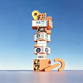 Stacked 3D Orange Cube Signage Structure With Brand Logos And 9 Zhi Symbol